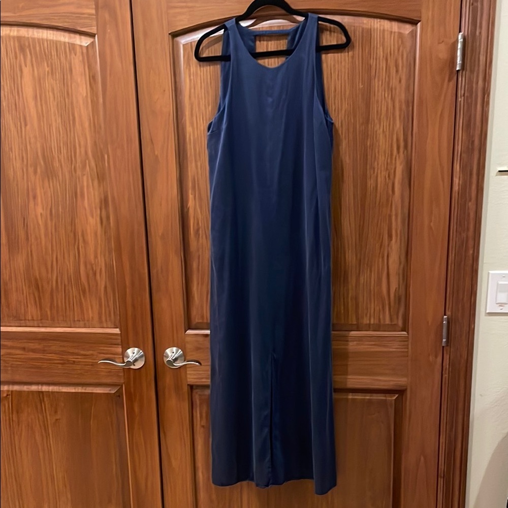 Lunya Washable Silk Racer Maxi Dress Navy Blue Deep V-Back Slit Minimalist L/XL - Picture 5 of 15